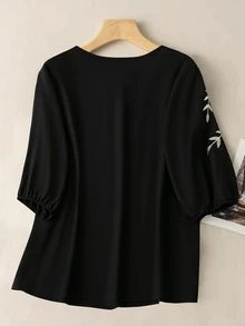 SHEIN LUNE 大码女式优雅撞色领条纹印花衬衫 - 黑色 - 查看 2