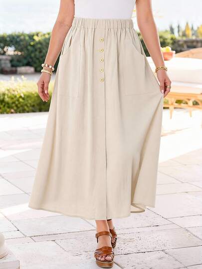 Rosumi Plus Size Women Solid Color Button Design Pocket Casual Smart Casual Skirt Formal Vacation Vacation Beige Autumn Vacation Vacation Fall