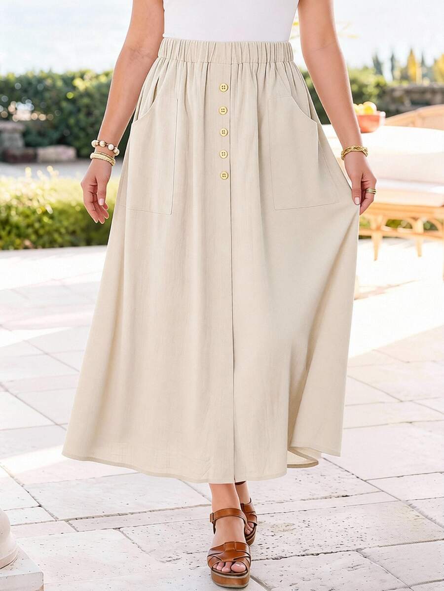 Rosumi Plus Size Women Solid Color Button Design Pocket Casual Smart Casual Skirt Formal Vacation Vacation Beige Autumn Vacation Vacation Fall - Camel - View 1