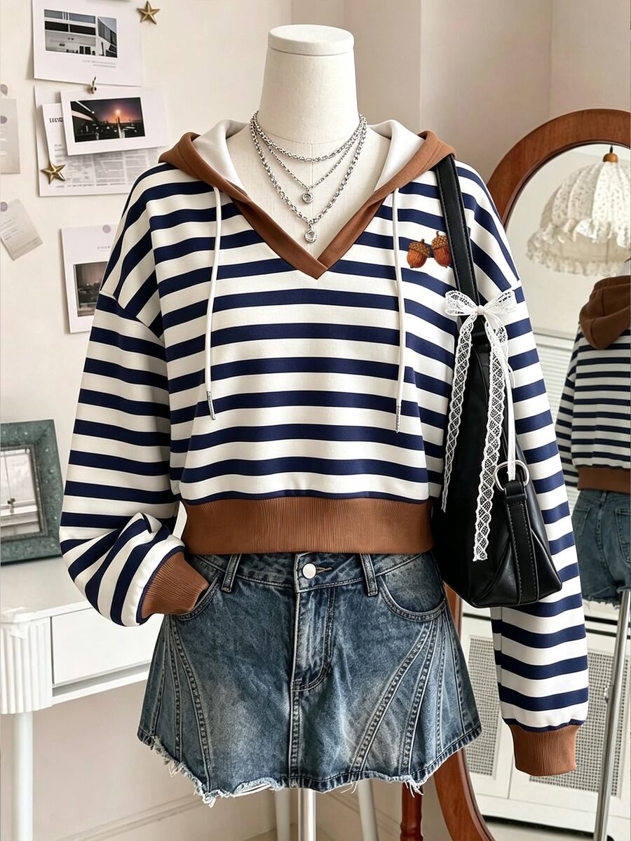 Franclia 女款多色條紋秋冬戶外度假街頭風連帽衛衣 - 彩色 - 查看 1