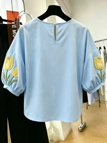 SHEIN Franclia 女士蓝色碎花七分袖衬衫，适合夏季休闲装、通勤和休闲穿着。 - 彩色 - 查看 3