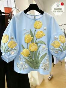 SHEIN Franclia 女士蓝色碎花七分袖衬衫，适合夏季休闲装、通勤和休闲穿着。 - 彩色 - 查看 2