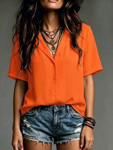 Franclia Casual Versatile Solid Color Collared Short Sleeve Shirt For Women, Summer - Orange - View 3