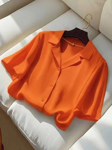 Franclia Casual Versatile Solid Color Collared Short Sleeve Shirt For Women, Summer - Orange - View 1