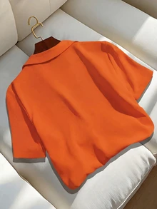 Franclia Casual Versatile Solid Color Collared Short Sleeve Shirt For Women, Summer - Orange - View 2