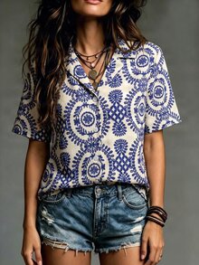 Franclia Casual Versatile Solid Color Collared Short Sleeve Summer Women's Shirt - Multicolor - View 3