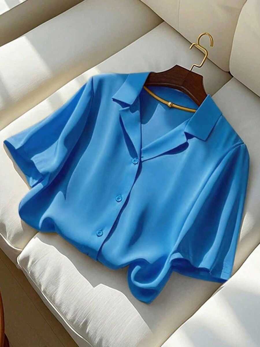 Franclia Casual Versatile Solid Color Collared Short Sleeve Shirt For Women, Summer - Blue - View 1