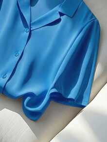 Franclia Casual Versatile Solid Color Collared Short Sleeve Shirt For Women, Summer - Blue - View 5