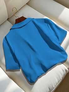 Franclia Casual Versatile Solid Color Collared Short Sleeve Shirt For Women, Summer - Blue - View 2