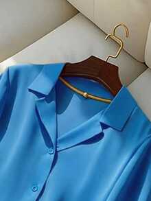 Franclia Casual Versatile Solid Color Collared Short Sleeve Shirt For Women, Summer - Blue - View 4