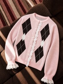 SHEIN PariChic Jaket Cardigan Wanita Musim Gugur/Dingin Leher Bulat Motif Berlian Elegan Lucu, Patchwork Renda, Gaya Vintage Preppy, Kancing Depan, Warna Pink dan Putih - Berwarna merah muda - View 7