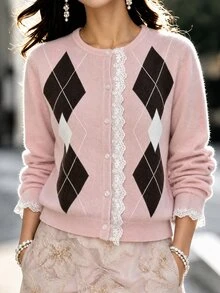 SHEIN PariChic Jaket Cardigan Wanita Musim Gugur/Dingin Leher Bulat Motif Berlian Elegan Lucu, Patchwork Renda, Gaya Vintage Preppy, Kancing Depan, Warna Pink dan Putih - Berwarna merah muda - View 4