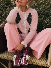 SHEIN PariChic Jaket Cardigan Wanita Musim Gugur/Dingin Leher Bulat Motif Berlian Elegan Lucu, Patchwork Renda, Gaya Vintage Preppy, Kancing Depan, Warna Pink dan Putih - Berwarna merah muda - View 5