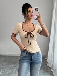 RosyDaze Women Square Neck Short‑Sleeve T‑Shirt, High Cotton Content Top With Bowknot Knot, Contrast‑Color Trim, Slim Fit Casual Blouse - Apricot - View 3