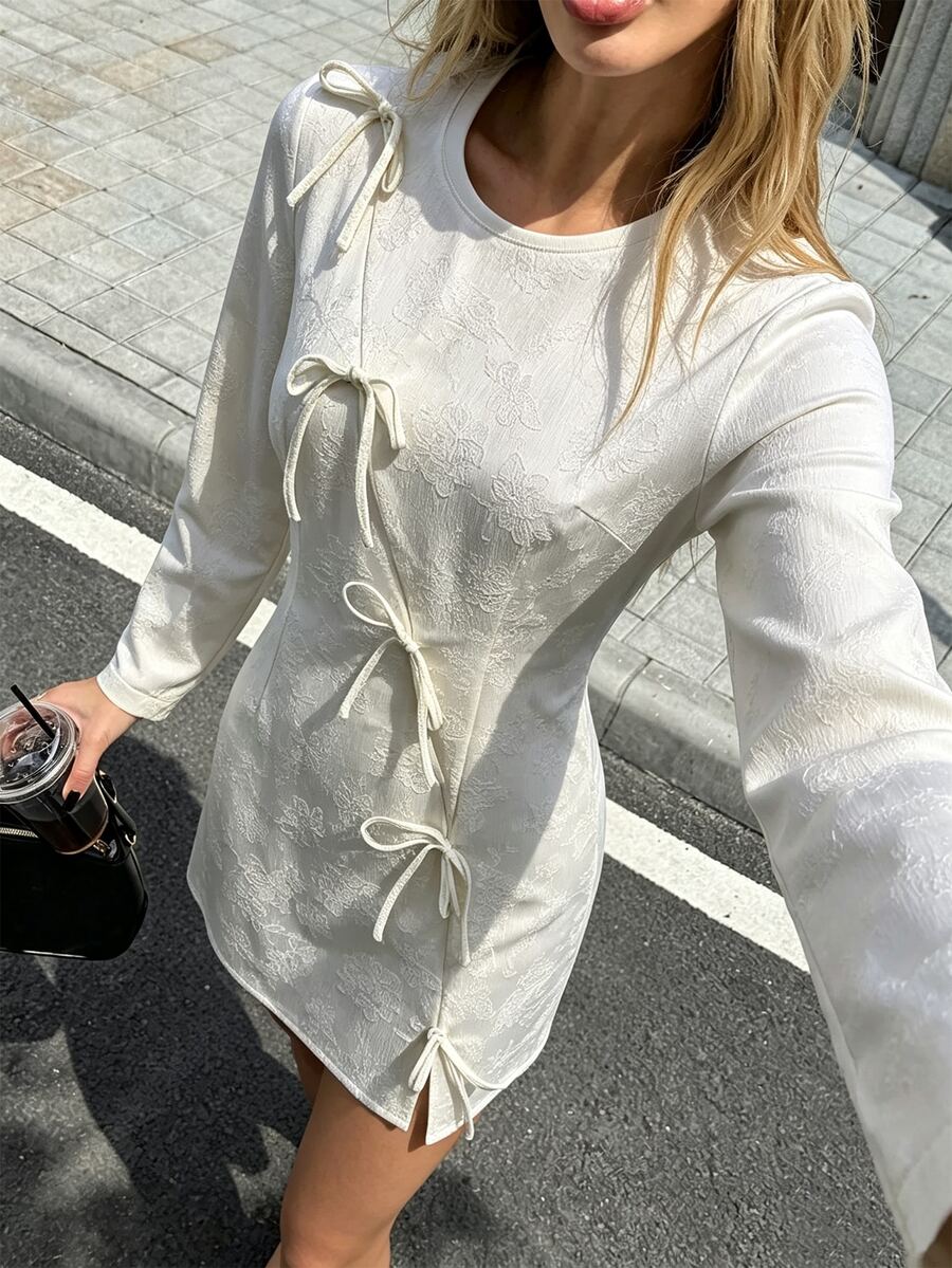 SHEIN PariChic Chinese Style Jacquard Tie-Front Mini Dress, Off-White ...