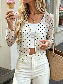 SHEIN Women's Chiffon Polka Dot Long Sleeve Lightweight Cover Up, Autumn Korean Style Black And White Polka Dot Sun Protection V-Neck Loose Coquette Frenchy - Black and White - View 1