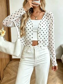 SHEIN Women's Chiffon Polka Dot Long Sleeve Lightweight Cover Up, Autumn Korean Style Black And White Polka Dot Sun Protection V-Neck Loose Coquette Frenchy - Black and White - View 5
