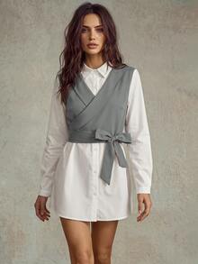 SHEIN Fiorisel Ladies' Color Block Tie 2 In 1 Shirt,Long Sleeve Tops Fall Cloth For Women - Light Grey - View 3