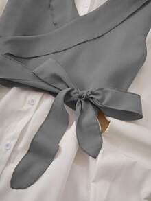 SHEIN Fiorisel Ladies' Color Block Tie 2 In 1 Shirt,Long Sleeve Tops Fall Cloth For Women - Light Grey - View 6