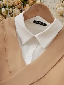 SHEIN Fiorisel 顏色積木拼接2合1前鈕長袖休閒襯衫 - 杏色 - 查看 7
