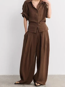 SHEIN Women's Spring Summer Autumn Winter Low Waist Wide Leg Straight Leg Long Pants With Belt, Pleated Wrinkled Fabric Solid Color Loose Fit Real Pockets - Brown - View 6