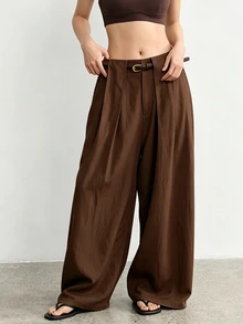 SHEIN Women's Spring Summer Autumn Winter Low Waist Wide Leg Straight Leg Long Pants With Belt, Pleated Wrinkled Fabric Solid Color Loose Fit Real Pockets - Brown - View 4