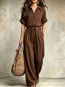 SHEIN Women's Spring Summer Autumn Winter Low Waist Wide Leg Straight Leg Long Pants With Belt, Pleated Wrinkled Fabric Solid Color Loose Fit Real Pockets - Brown - View 8