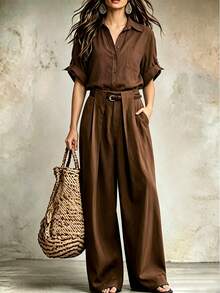 SHEIN Women's Spring Summer Autumn Winter Low Waist Wide Leg Straight Leg Long Pants With Belt, Pleated Wrinkled Fabric Solid Color Loose Fit Real Pockets - Brown - View 3
