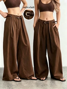 SHEIN Women's Spring Summer Autumn Winter Low Waist Wide Leg Straight Leg Long Pants With Belt, Pleated Wrinkled Fabric Solid Color Loose Fit Real Pockets - Brown - View 1