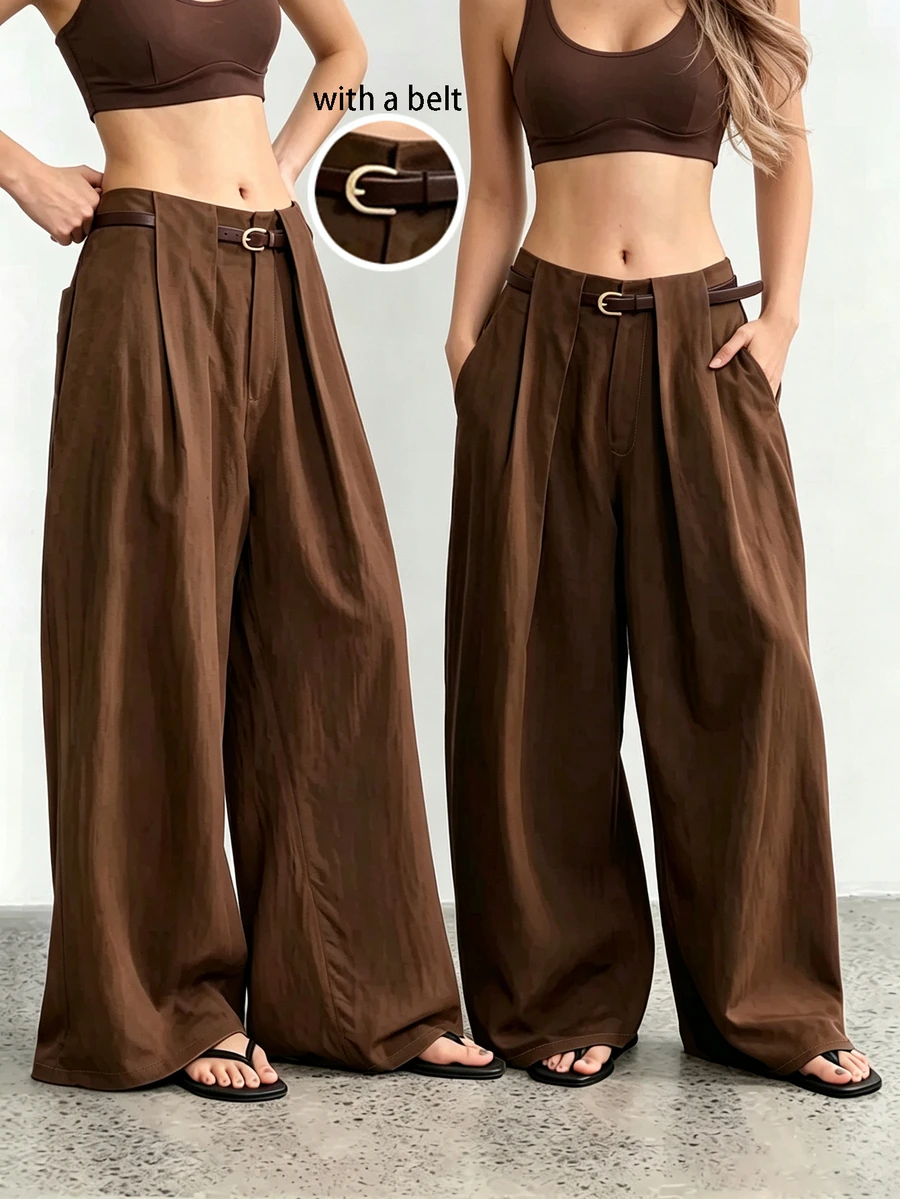 SHEIN Women's Spring Summer Autumn Winter Low Waist Wide Leg Straight Leg Long Pants With Belt, Pleated Wrinkled Fabric Solid Color Loose Fit Real Pockets - Brown - View 1