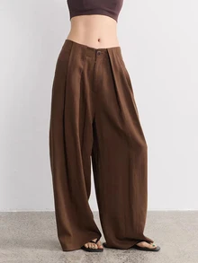 SHEIN Women's Spring Summer Autumn Winter Low Waist Wide Leg Straight Leg Long Pants With Belt, Pleated Wrinkled Fabric Solid Color Loose Fit Real Pockets - Brown - View 5