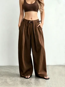 SHEIN Women's Spring Summer Autumn Winter Low Waist Wide Leg Straight Leg Long Pants With Belt, Pleated Wrinkled Fabric Solid Color Loose Fit Real Pockets - Brown - View 7