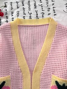 SHEIN 秋季冬季大女孩粉色長袖蝴蝶結花卉針織開襟衫，返校季，舒適柔軟，節慶穿搭聖誕休閒日常穿著 - 粉色 - 查看 8