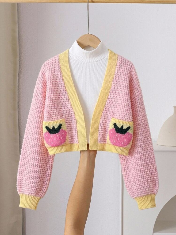 SHEIN Fall Clothes Winter Tween Girls Pink Long Sleeve Bow Floral Knit Cardigan, Back To School, Cozy Soft, Festival Outfits Christmas Casual Daily Wear - Pink - View 1