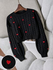 SHEIN 女款休閒浪漫可愛時尚極簡百搭寬鬆情人節愛心刺繡針織衫 秋冬約會日常穿搭 黑色紅色 - 黑色 - 查看 5