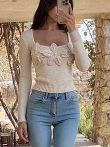 SHEIN Women's 3D Floral Decor Casual Versatile Daily Wear Knit Top - Apricot - View 4