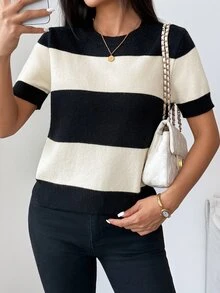 Pariaura Women Crew Neck Black White Wide Stripe Short Sleeve Knit Top,Soft Casual Commuter Blouse For Spring - Multicolor - View 7