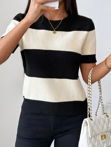 Pariaura Women Crew Neck Black White Wide Stripe Short Sleeve Knit Top,Soft Casual Commuter Blouse For Spring - Multicolor - View 9