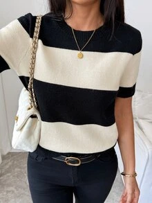 Pariaura Women Crew Neck Black White Wide Stripe Short Sleeve Knit Top,Soft Casual Commuter Blouse For Spring - Multicolor - View 6