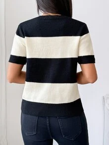 Pariaura Women Crew Neck Black White Wide Stripe Short Sleeve Knit Top,Soft Casual Commuter Blouse For Spring - Multicolor - View 5