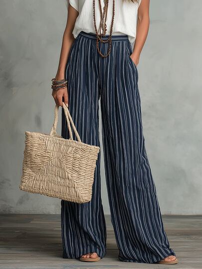 SHEIN بنطال طويل نسائي أزرق بحري مخطط غير متماثل بجيوب، بنطال طويل نسائي فضفاض وكاجوال، بنطال طويل نسائي للربيع والخريف