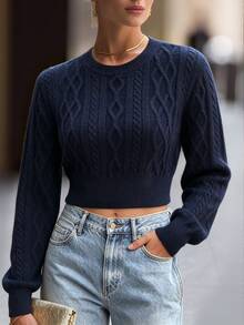 SHEIN LUNE Sweater Crop Slim Fit Warna Polos Kasual Musim Gugur/Musim Dingin untuk Sehari-hari, Siang Hari, Biru Tua, Cocok untuk Brunch - Royal Blue - View 4