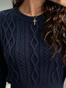 SHEIN LUNE Sweater Crop Slim Fit Warna Polos Kasual Musim Gugur/Musim Dingin untuk Sehari-hari, Siang Hari, Biru Tua, Cocok untuk Brunch - Royal Blue - View 6