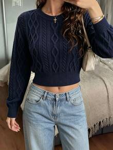 SHEIN LUNE Sweater Crop Slim Fit Warna Polos Kasual Musim Gugur/Musim Dingin untuk Sehari-hari, Siang Hari, Biru Tua, Cocok untuk Brunch - Royal Blue - View 1