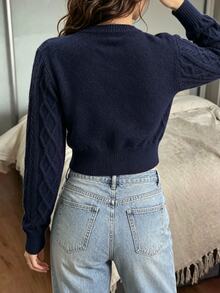 SHEIN LUNE Sweater Crop Slim Fit Warna Polos Kasual Musim Gugur/Musim Dingin untuk Sehari-hari, Siang Hari, Biru Tua, Cocok untuk Brunch - Royal Blue - View 2