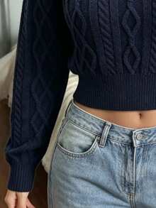 SHEIN LUNE Sweater Crop Slim Fit Warna Polos Kasual Musim Gugur/Musim Dingin untuk Sehari-hari, Siang Hari, Biru Tua, Cocok untuk Brunch - Royal Blue - View 3