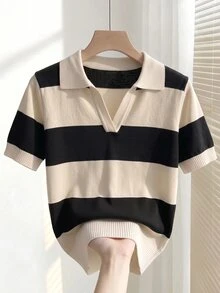 Franclia 女款春夏對比色簡約學院風日常 Polo 領短袖休閒修身針織上衣，優雅翻領適合辦公室、早午餐與校園穿著 - 彩色 - 查看 4