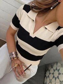 Franclia 女款春夏對比色簡約學院風日常 Polo 領短袖休閒修身針織上衣，優雅翻領適合辦公室、早午餐與校園穿著 - 彩色 - 查看 3