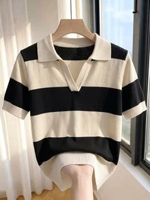 Franclia 女款春夏對比色簡約學院風日常 Polo 領短袖休閒修身針織上衣，優雅翻領適合辦公室、早午餐與校園穿著 - 彩色 - 查看 6