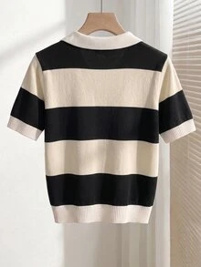 Franclia 女款春夏對比色簡約學院風日常 Polo 領短袖休閒修身針織上衣，優雅翻領適合辦公室、早午餐與校園穿著 - 彩色 - 查看 2